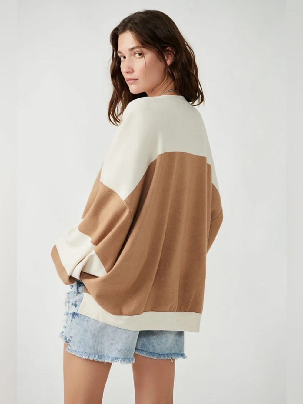 Free People Oversized Uptown Colorblock‎ Pullover Brown and White